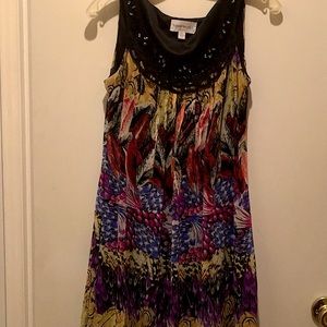 LOVELY MULTI COLOR DRESS W/SPARKLES ON NECKLINE.